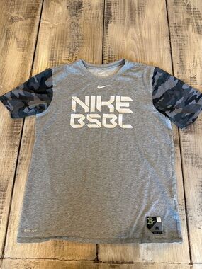 Nike Gray Tee with Blue Camo Sleeves and White Logo